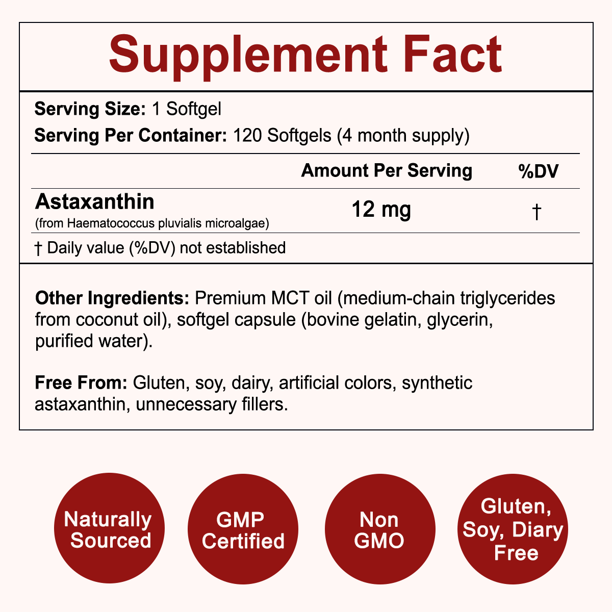 Supplement Facts — Astaxanthin 12mg, MCT oil, softgel